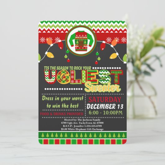 Uitnodiging van de Ugly Sweater Kerstfeestdag (Staand voorkant)