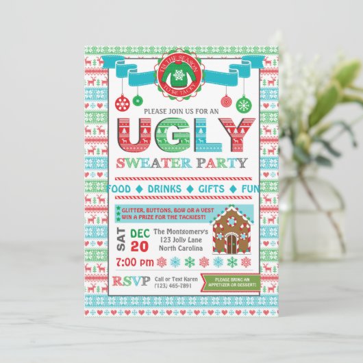 Uitnodiging van de Ugly Sweater Kerstfeestdag (Staand voorkant)