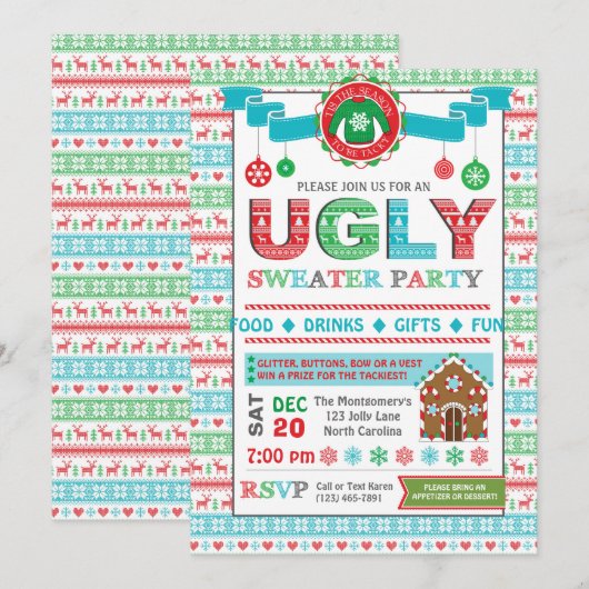 Uitnodiging van de Ugly Sweater Kerstfeestdag (Voorkant / Achterkant)