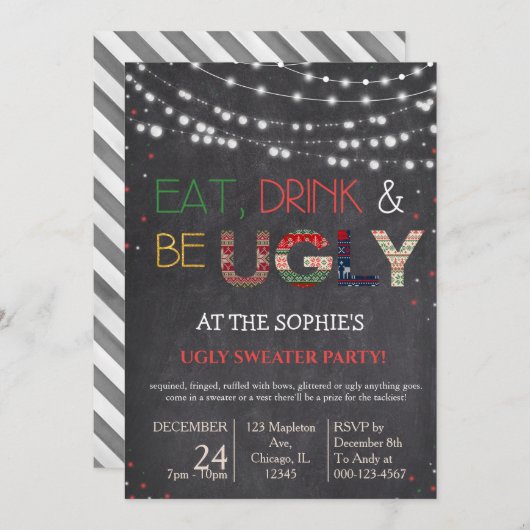 Uitnodiging van de Ugly Sweater Kerstfeestdag (Voorkant / Achterkant)