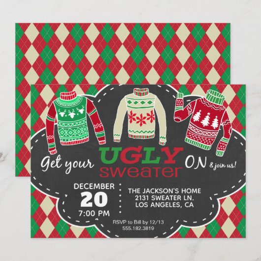 Uitnodiging van de Ugly Sweater Kerstfeestdag (Voorkant / Achterkant)