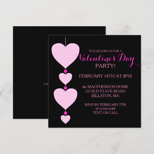 Uitnodiging van de Valentijnse partij Roze en Blac (Voorkant / Achterkant)