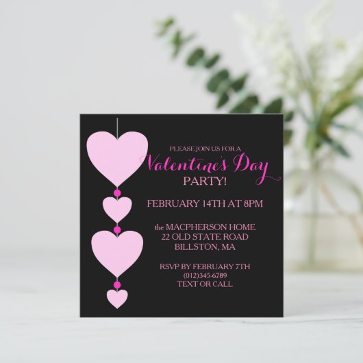 Uitnodiging van de Valentijnse partij Roze en Blac (Staand voorkant)