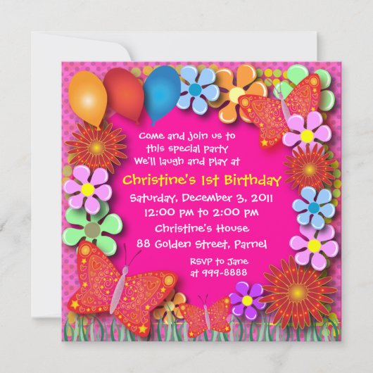 Uitnodiging van de verjaardag: 003C Butterflies en (Voorkant)