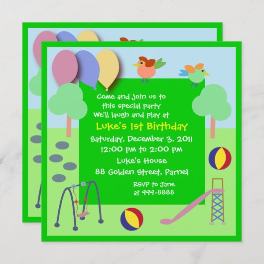 Uitnodiging van de verjaardag: 006 Speelplaats (Voorkant / Achterkant)