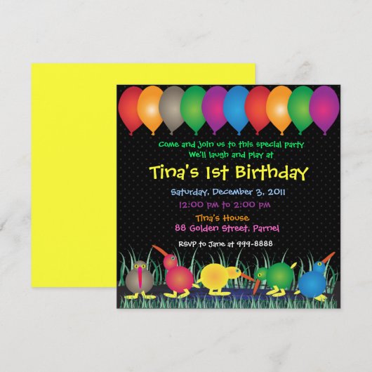 Uitnodiging van de verjaardag: 010 Kiwi (Voorkant / Achterkant)