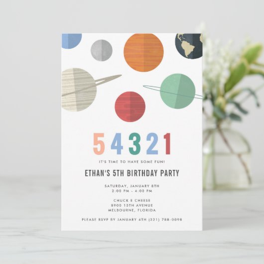 Uitnodiging van de vijfde Birthday Space Party voo (Staand voorkant)