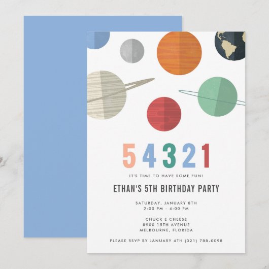 Uitnodiging van de vijfde Birthday Space Party voo (Voorkant / Achterkant)