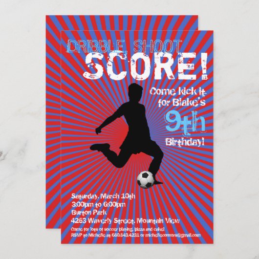 Uitnodiging van de voetbalpartij - Jongen, Rood en (Voorkant / Achterkant)