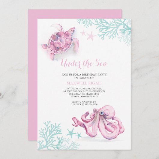 uitnodiging van de waterverf om de verjaardag van  (Voorkant / Achterkant)