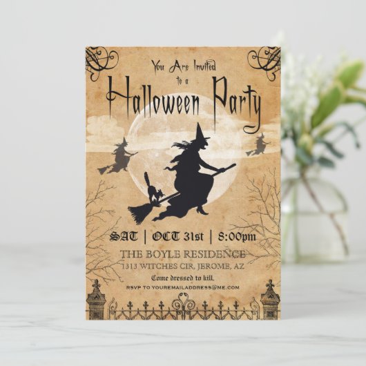 Uitnodiging van de Witch  Halloween Partij (Staand voorkant)