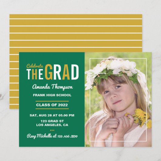 Uitnodiging van de witte, gouden en groene GraduPa (Voorkant / Achterkant)