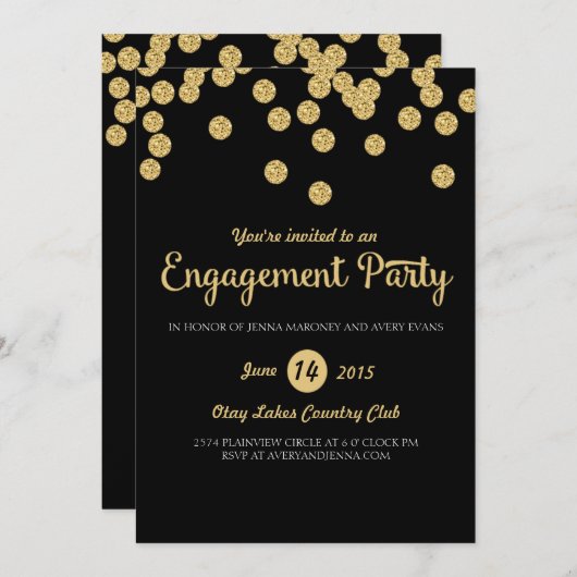Uitnodiging van de zwarte en goudglitter Engagemen (Voorkant / Achterkant)