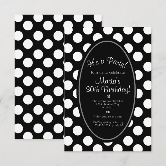 Uitnodiging van de Zwarte en Witte Polka Dot Party (Voorkant / Achterkant)