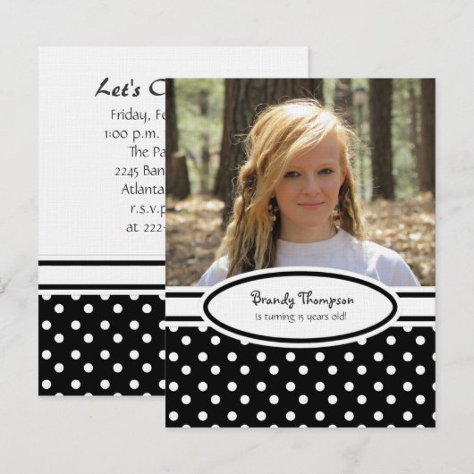Uitnodiging van de Zwarte en Witte Polka Dot Party (Voorkant / Achterkant)