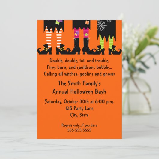 Uitnodiging van drie heksen Halloween-partij (Staand voorkant)