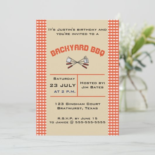 Uitnodiging van Editable Red Gingham BBQ Party (Staand voorkant)