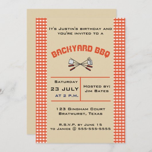 Uitnodiging van Editable Red Gingham BBQ Party (Voorkant / Achterkant)