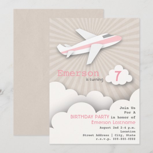 Uitnodiging van een Birthday-vliegveld - Roze (Voorkant / Achterkant)