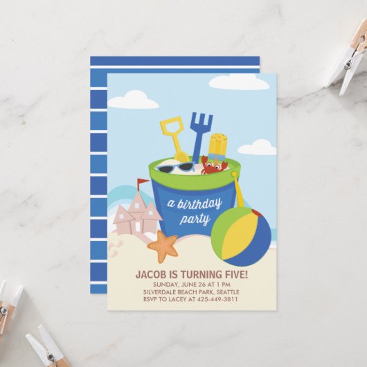 Uitnodiging van een Kind van de "beach party"-part (Voorkant / Achterkant in situ)