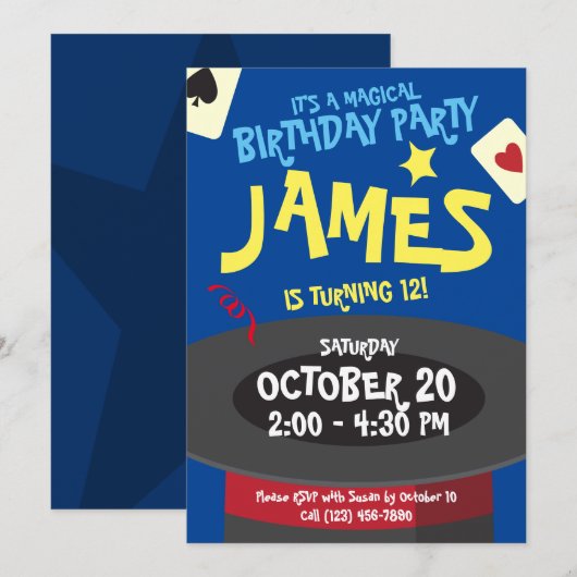 Uitnodiging van een Magic Birthday Party - Top Hat (Voorkant / Achterkant)