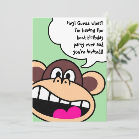 Uitnodiging van een Monkey Business Birthday Party (Staand voorkant)