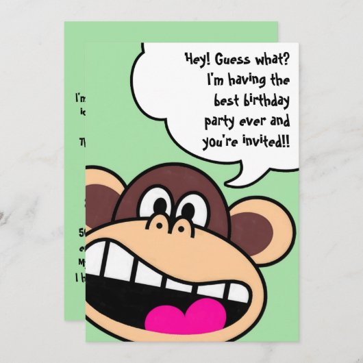 Uitnodiging van een Monkey Business Birthday Party (Voorkant / Achterkant)