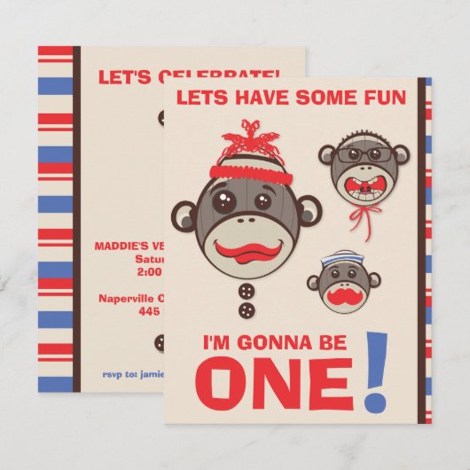 Uitnodiging van een Monkey Business Birthday Party (Voorkant / Achterkant)