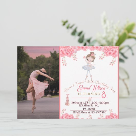 uitnodiging van Floral Ballerina voor de geboorte  (Staand voorkant)