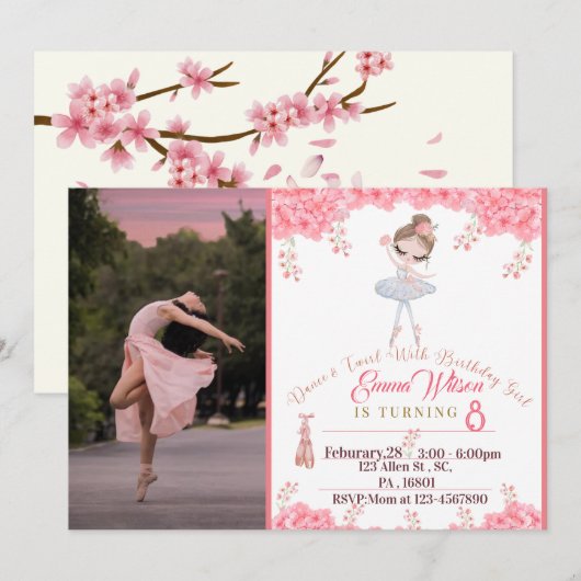 uitnodiging van Floral Ballerina voor de geboorte  (Voorkant / Achterkant)