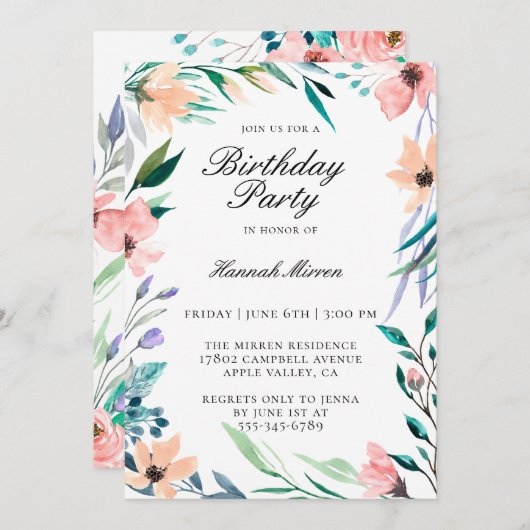  uitnodiging van Floral Birthday (Voorkant / Achterkant)