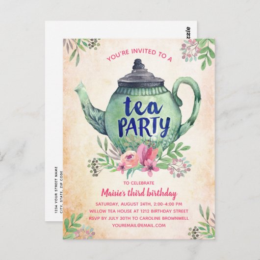  uitnodiging van Floral Tea Party (Voorkant / Achterkant)