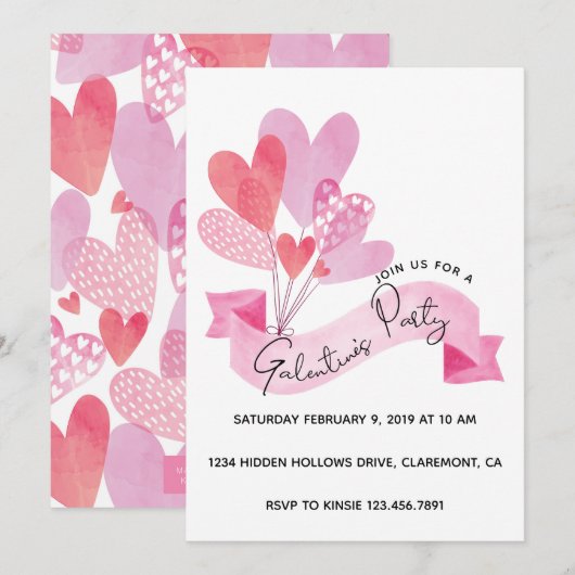Uitnodiging van Galentinepartij met hartballonnen (Voorkant / Achterkant)
