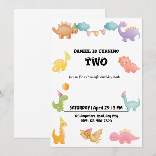 Uitnodiging van gepersonaliseerde dinosaurus Birth (Voorkant / Achterkant)