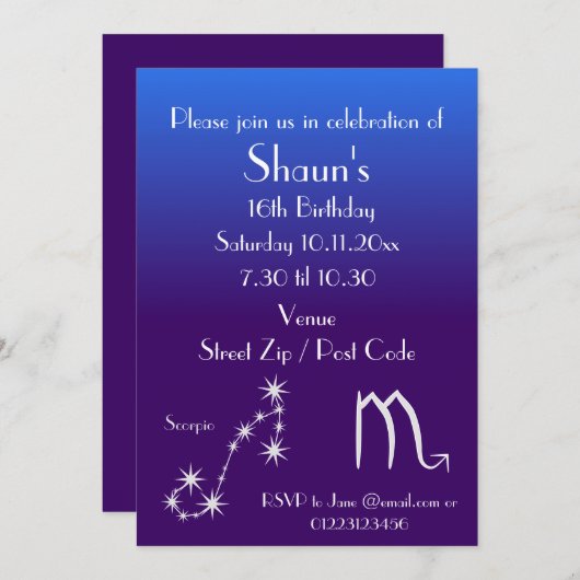 Uitnodiging van gepersonaliseerde Scorpio Zodiac P (Voorkant / Achterkant)