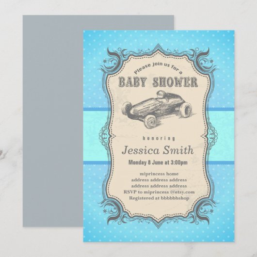 uitnodiging van het BABY SHOWER - racewagen (Voorkant / Achterkant)
