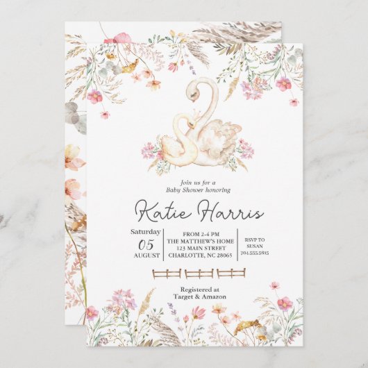 uitnodiging van het baby shower Swan, (Voorkant / Achterkant)