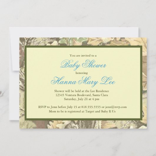 Uitnodiging van het Baby shower van Camo de (Achterkant)