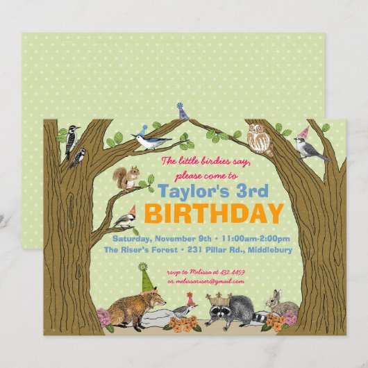 Uitnodiging van het veer Woodland Animal Party (Voorkant / Achterkant)