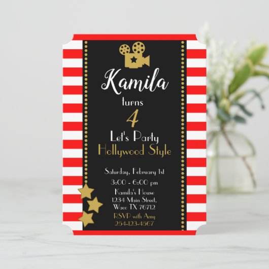Uitnodiging van Hollywood Birthday Party (Staand voorkant)