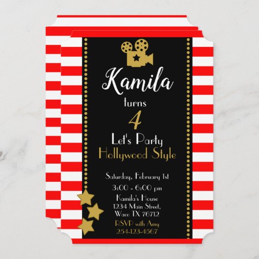 Uitnodiging van Hollywood Birthday Party (Voorkant / Achterkant)