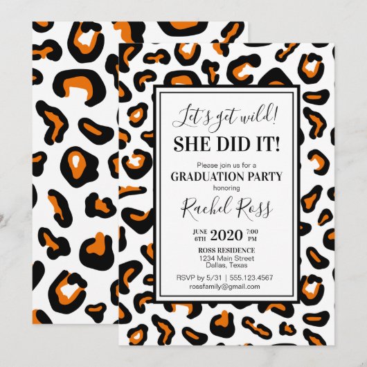 Uitnodiging van Leopard Print Graduation Party (Voorkant / Achterkant)