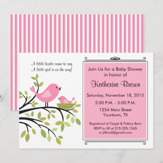 Uitnodiging van Little Bird Baby shower Party (Voorkant / Achterkant)