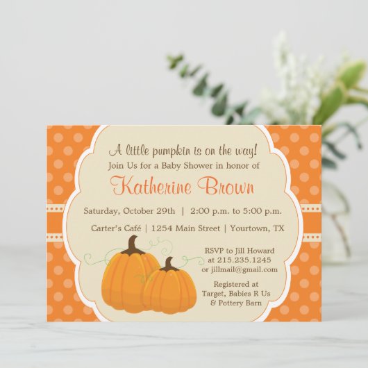 Uitnodiging van Little Pumpkin Baby shower Party (Staand voorkant)
