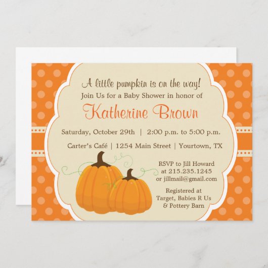Uitnodiging van Little Pumpkin Baby shower Party (Voorkant / Achterkant)