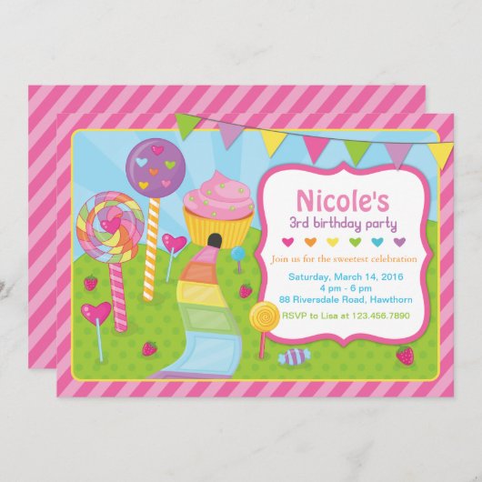 Uitnodiging van Lollipop/uitnodiging van Candyland (Voorkant / Achterkant)