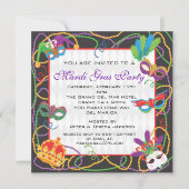 Uitnodiging van Mardi Gras met maskers en kralen (Voorkant)