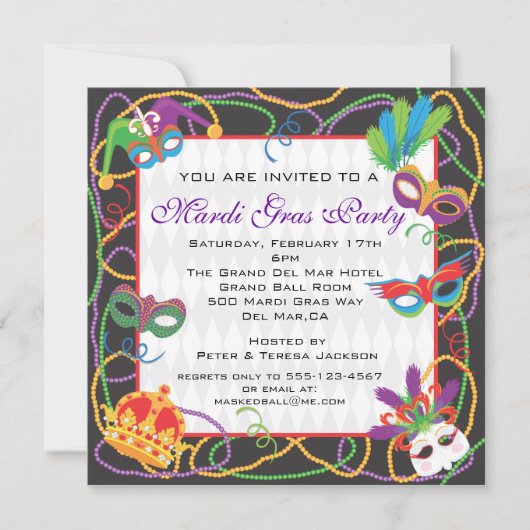 Uitnodiging van Mardi Gras met maskers en kralen (Voorkant)