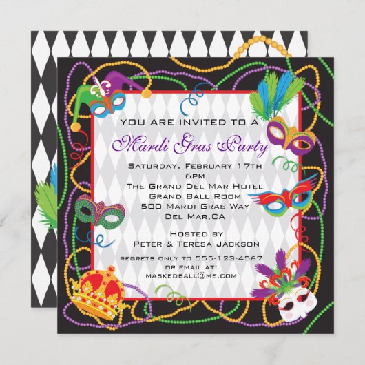 Uitnodiging van Mardi Gras met maskers en kralen (Voorkant / Achterkant)