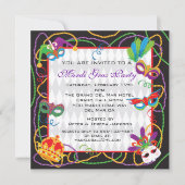 Uitnodiging van Mardi Gras met maskers en kralen (Voorkant)